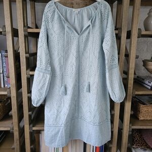 Sundance Light Blue (very pale aqua)  Eyelet Long Sleeve Dress